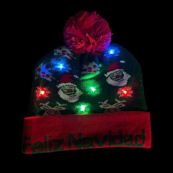 LED Christmas Beanie Knit Hat Light Up Tree Christmas Snowman Knitted Cap - Picture 1 of 3